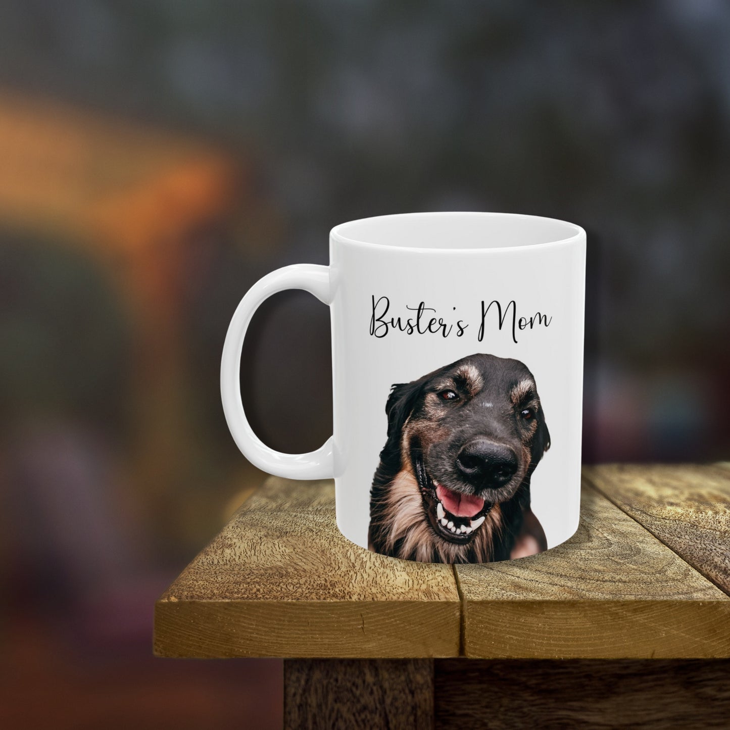 Personalized dog mom coffee mug featuring custom pet photo and name