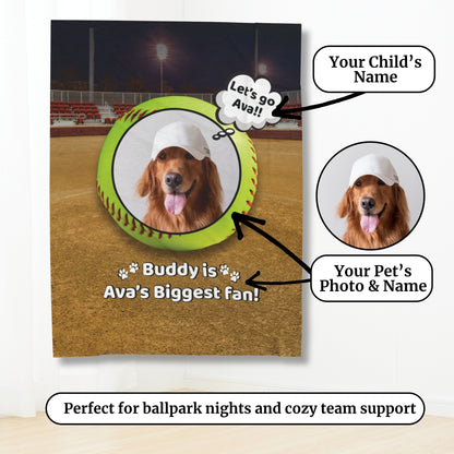 Personalized softball dog blanket with labeled customization options for child’s name and pet’s photo and name, featuring Buddy and Ava on a ballpark background