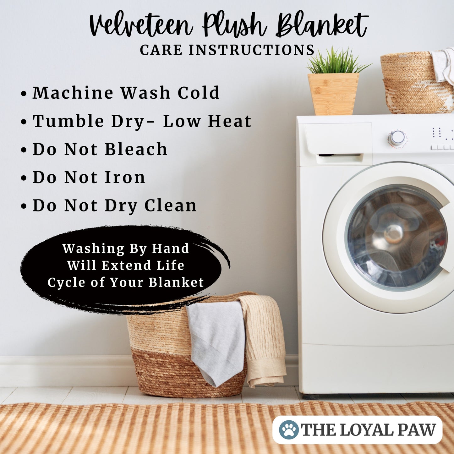 Care instructions for custom velveteen dog blanket showing machine wash cold, tumble dry low, and tips for extending blanket life
