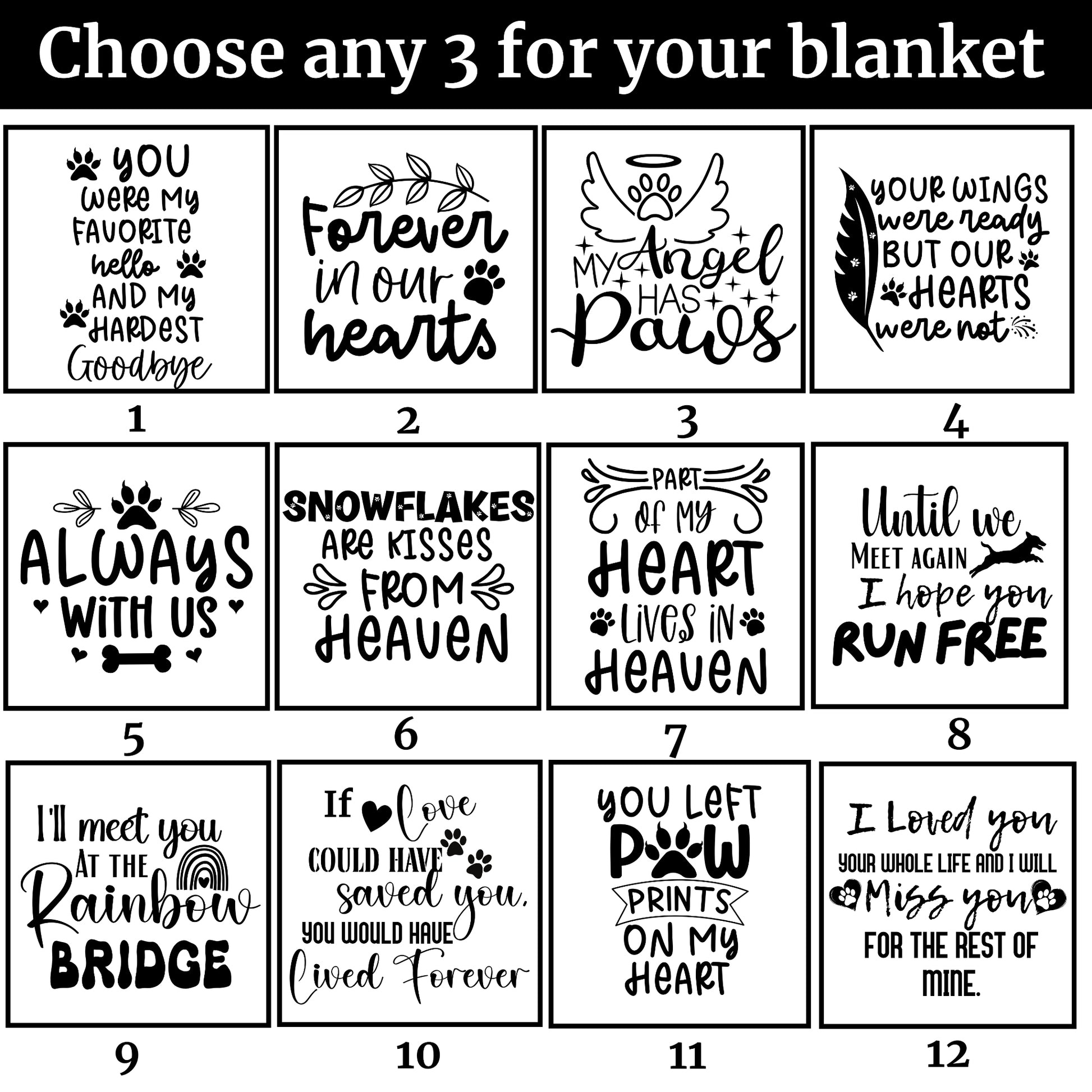 Twelve dog memorial tribute designs with heartfelt sayings like "Forever in our hearts" and "I’ll meet you at the Rainbow Bridge"—choose any 3 text blocks to personalize your pet remembrance blanket.