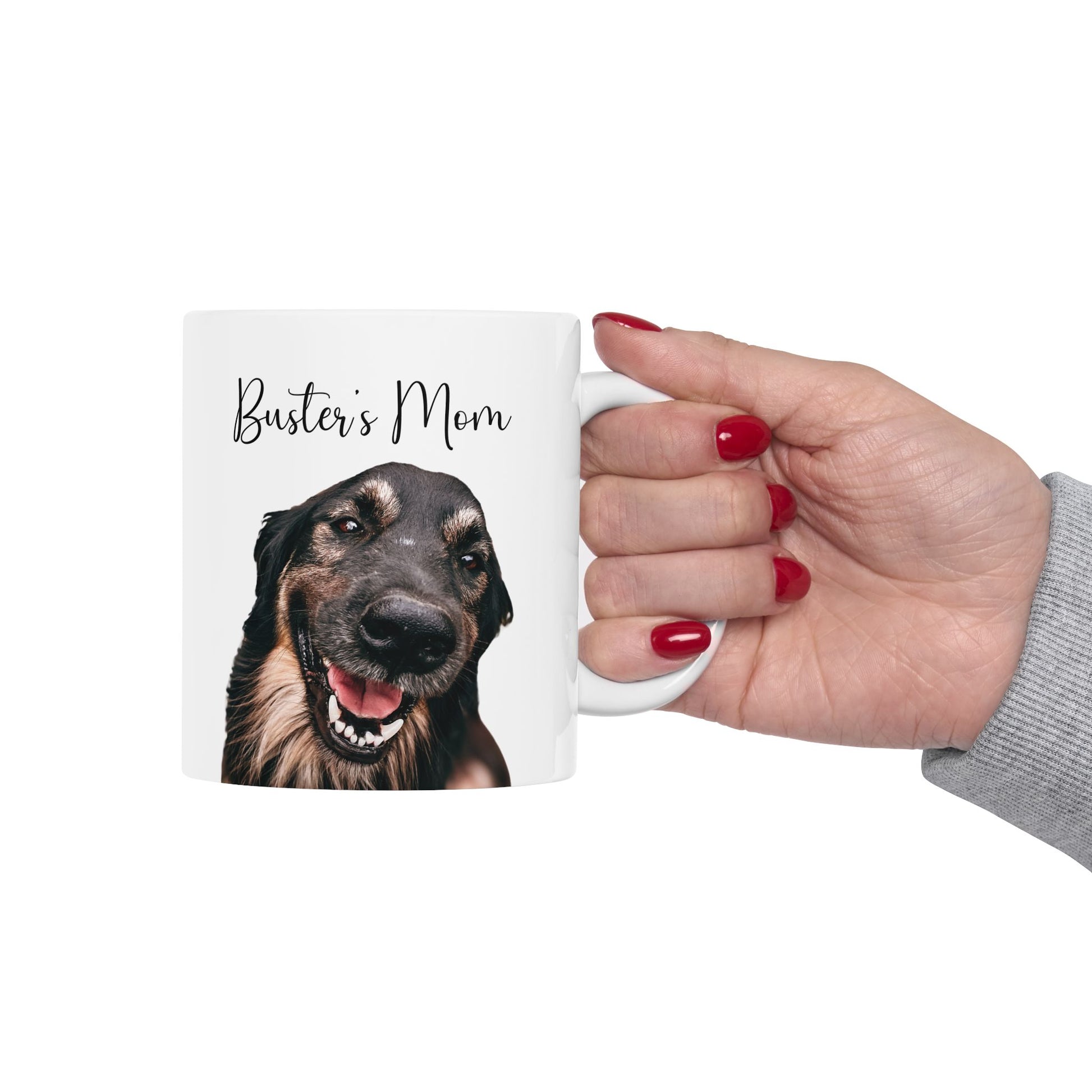 Custom ceramic mug with dog photo, ideal Mother’s Day gift for dog moms.