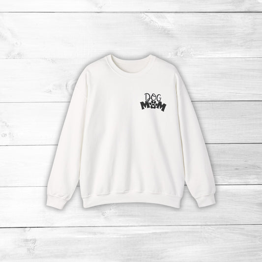 Front view of Dog Mom sweatshirt in white with boutique minimalist logo design.