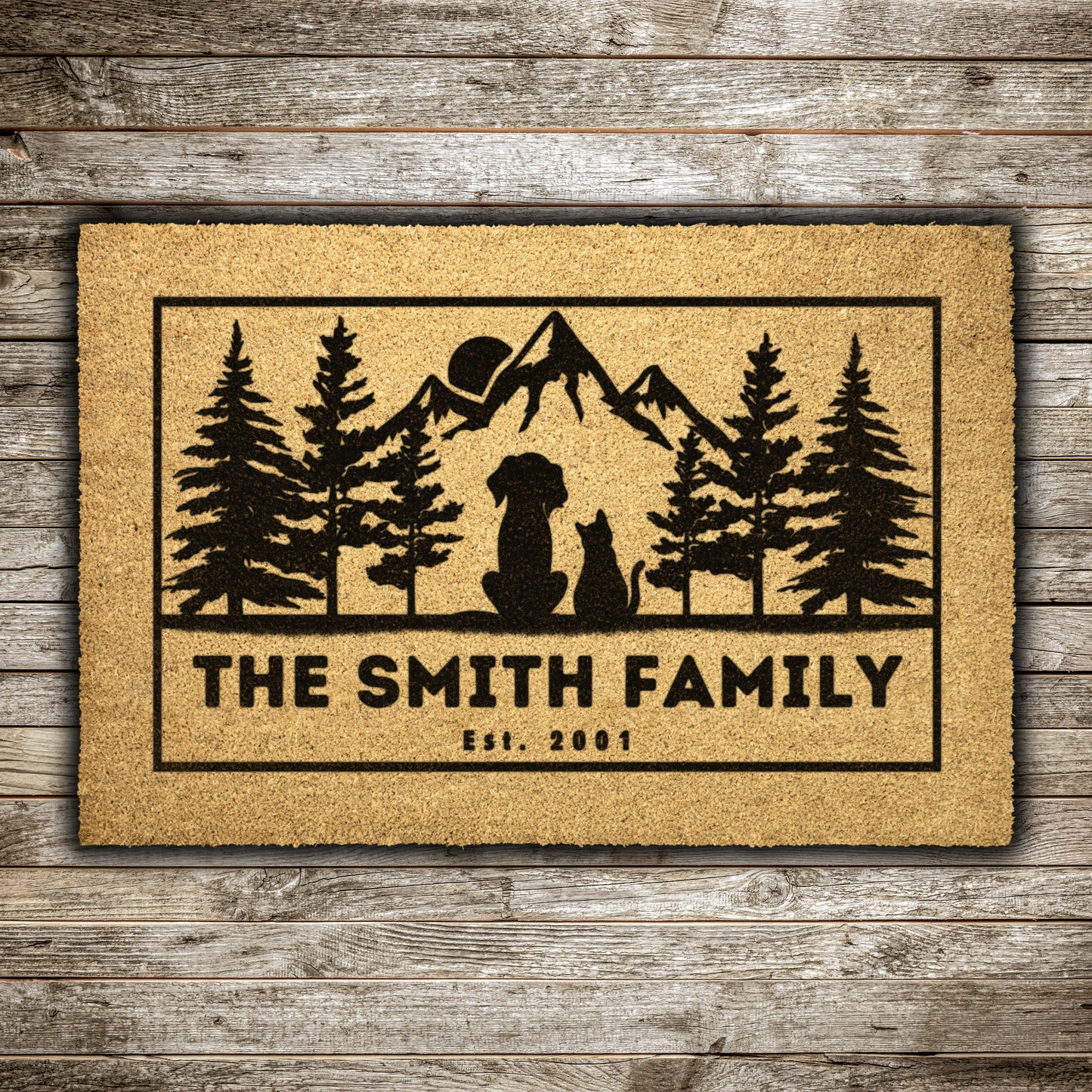 Dog and cat admire mountains customizable coir rug, personalized doormat with family name, durable and fade-resistant, ideal for pet-friendly entryways with a scenic mountain design.