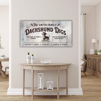 Customizable Dachshund Digs canvas sign, personalized wall art with family names, dog’s name, and est. date, perfect for Dachshund lovers, stylish pet-themed home decor.