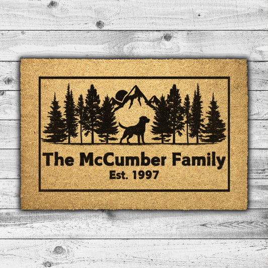 Customizable Labrador in the mountains coir rug, personalized doormat with family name, durable and fade-resistant, perfect for Labrador lovers and pet-friendly entryways.