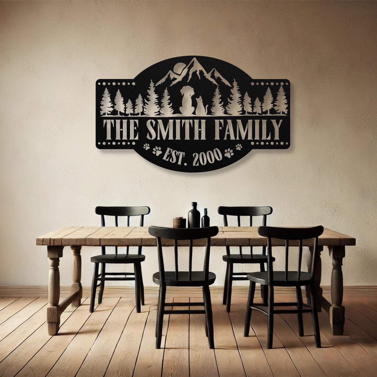 Happy pets in the mountains customizable metal sign, personalized with family name and est. date, durable 18-gauge steel, perfect pet-themed decor for indoor or outdoor display. Shown in Black.