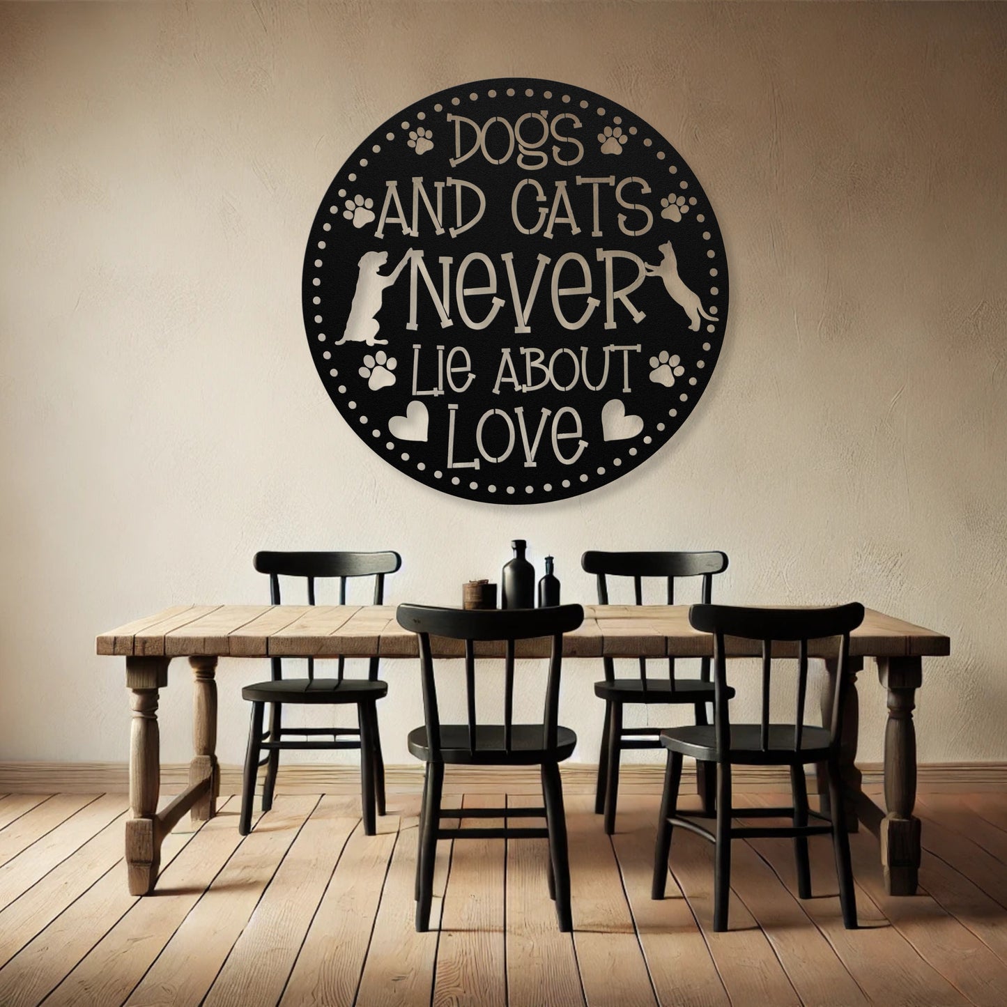 Dogs and Cats Never Lie About Love’ metal sign featuring a loving dog and cat, durable 18-gauge steel wall decor for pet lovers, suitable for indoor or outdoor display. Shown in Black.