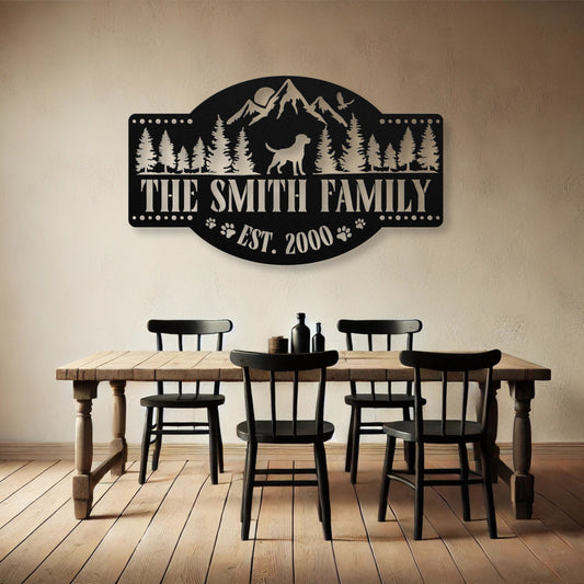 Customizable Labrador in the mountains metal sign, personalized with family name and est. date, durable 18-gauge steel, ideal for indoor or outdoor pet-themed decor. Shown in Black.