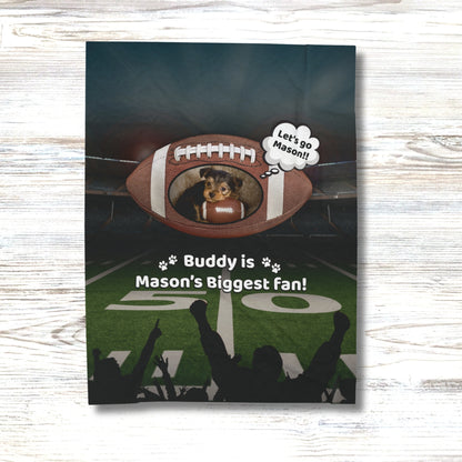 Custom pet football blanket with child’s name and pet photo shown on wood background – Buddy is Mason’s Biggest Fan design