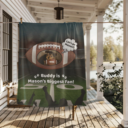 Personalized football-themed pet blanket hanging on a porch clothesline, featuring a dog in a football design and the text “Buddy is Mason’s Biggest Fan” — ideal for pet parents and football families