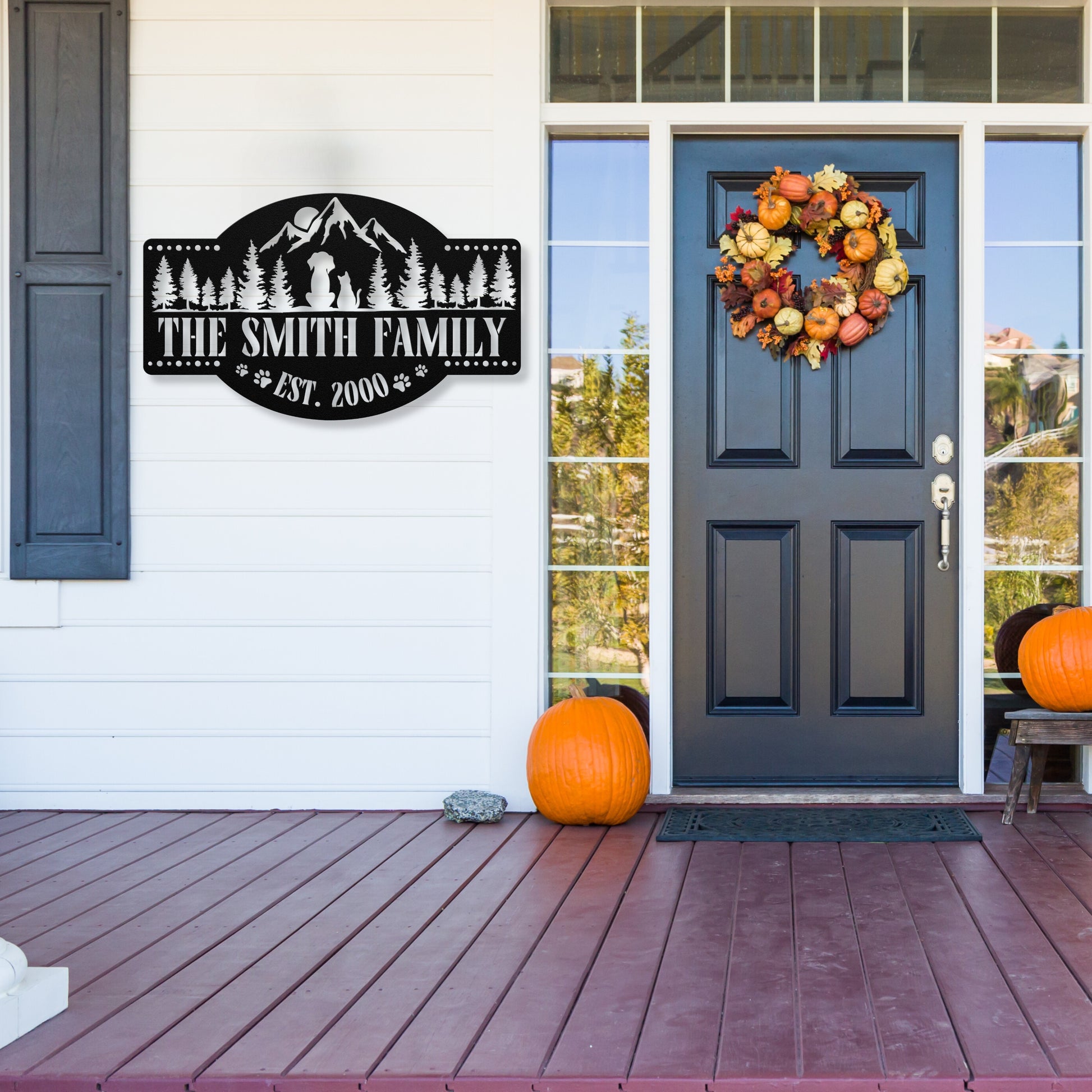 Happy pets in the mountains customizable metal sign, personalized with family name and est. date, durable 18-gauge steel, perfect pet-themed decor for indoor or outdoor display. Shown in Black.