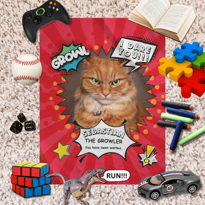 Personalized comic-style cat blanket featuring Sebastian “The Growler” surrounded by colorful kids’ toys, with a dinosaur saying “RUN!” in a playful setup