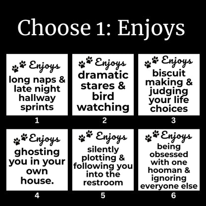 Graphic showing six funny “Enjoys” phrase options for personalized cat blanket, including hallway sprints, ghosting, bird watching, and biscuit making