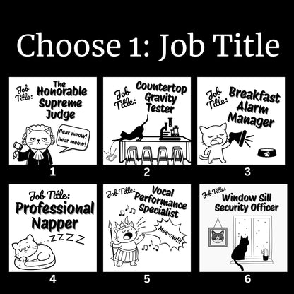 Graphic showing six funny job title options for personalized cat blanket, including Countertop Gravity Tester, Breakfast Alarm Manager, and Vocal Performance Specialist