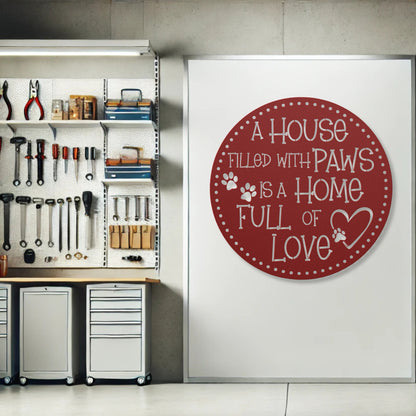 A House Filled with Paws is a Home Full of Love’ metal sign, durable 18-gauge steel wall decor for pet lovers, suitable for indoor or outdoor display. Shown in Red.