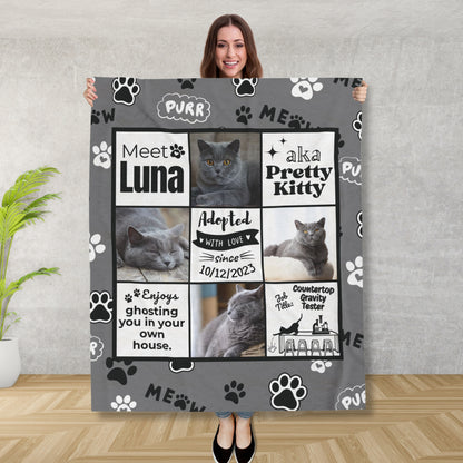 Woman holding personalized gray cat adoption blanket featuring Luna with job title "Countertop Gravity Tester" and phrase "ghosting you in your own house