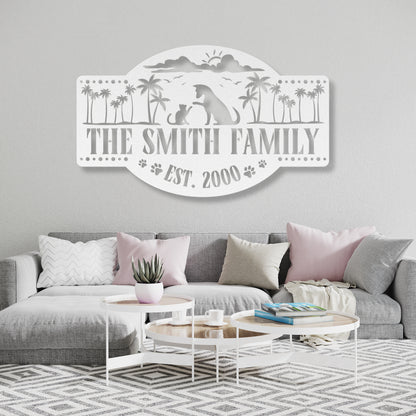 Customizable palm trees in the sun metal sign featuring two cats, personalized with family name and est. date, durable 18-gauge steel, perfect for indoor or outdoor decor. Shown in Silver.