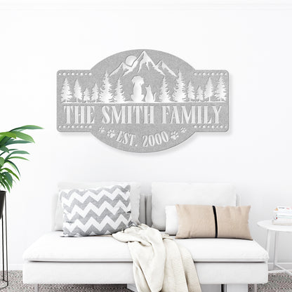 Happy pets in the mountains customizable metal sign, personalized with family name and est. date, durable 18-gauge steel, perfect pet-themed decor for indoor or outdoor display. Shown in Silver