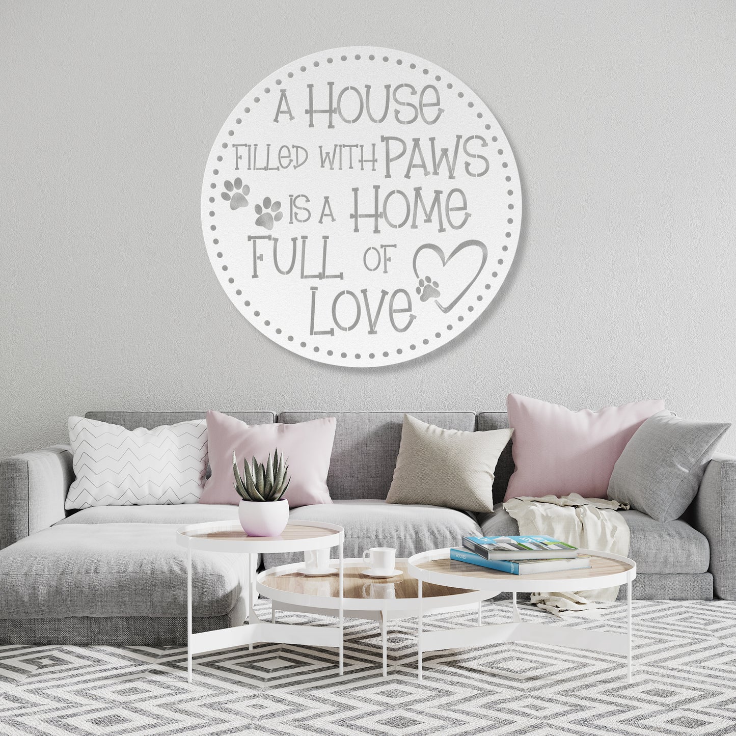 A House Filled with Paws is a Home Full of Love’ metal sign, durable 18-gauge steel wall decor for pet lovers, suitable for indoor or outdoor display. Shown in White.