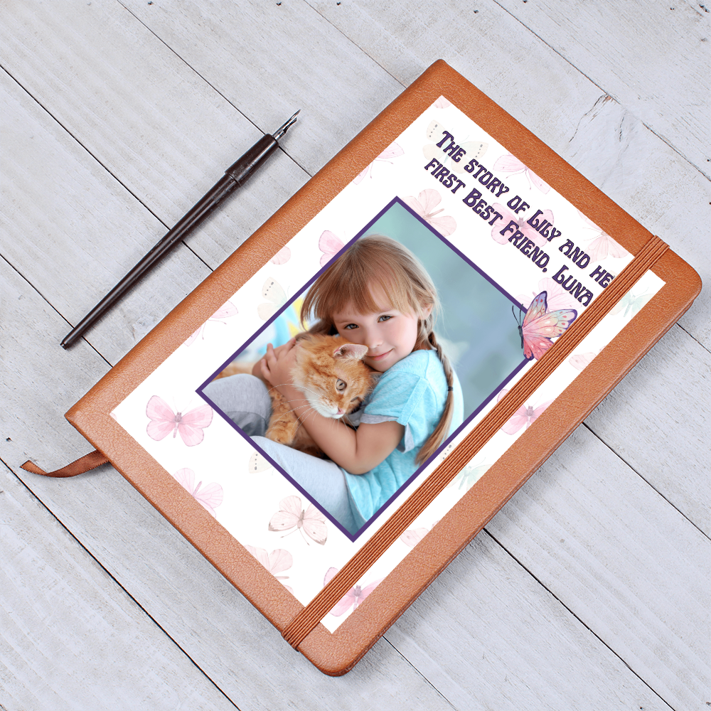Custom journal with photo, child’s name, and pet’s name on vegan leather cover