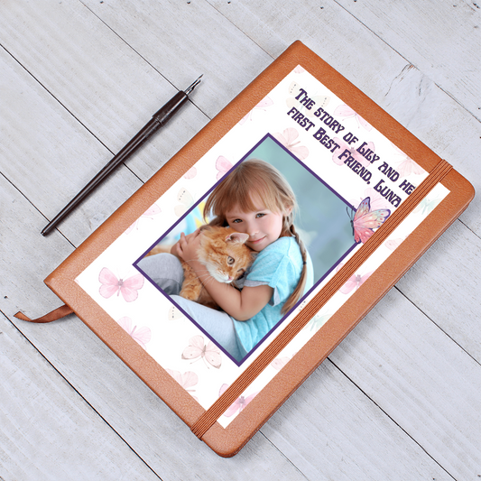 Custom journal with photo, child’s name, and pet’s name on vegan leather cover