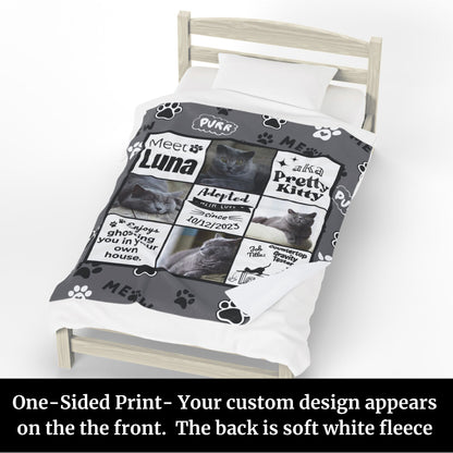 One-sided personalized cat photo blanket with gray rescue cat Luna shown on bed, featuring adoption date, job title “Countertop Gravity Tester,” and phrase “ghosting you in your own house