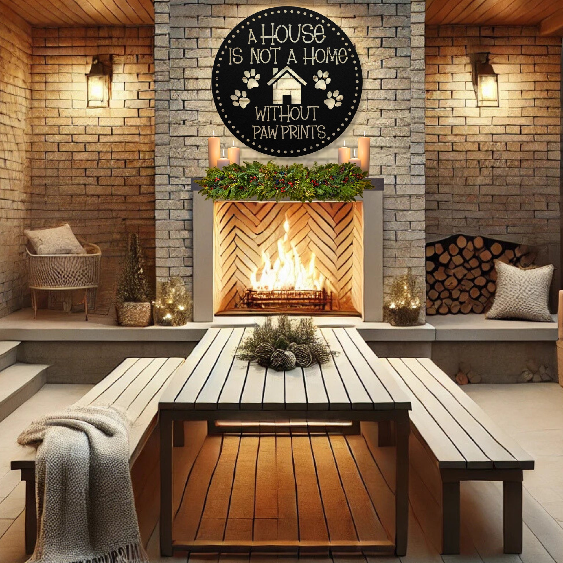 A House is Not a Home Without Paw Prints’ metal sign, durable 18-gauge steel wall decor for pet lovers, available in Black, Red, White, Copper, or Silver, perfect for indoor or outdoor display.-shown in black.