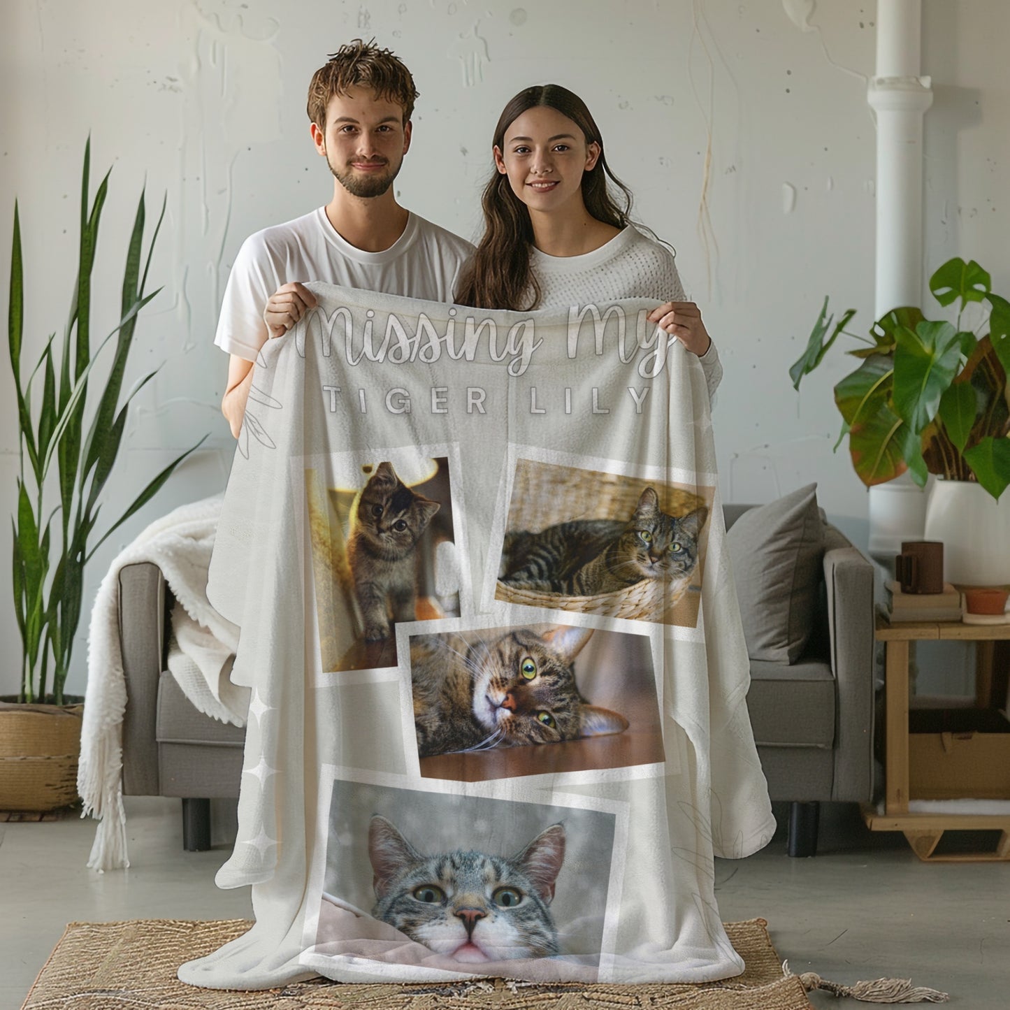 Couple holding personalized cat memorial blanket with “Missing My Tiger Lily” and four tabby cat photos, custom pet loss tribute for grieving cat lovers