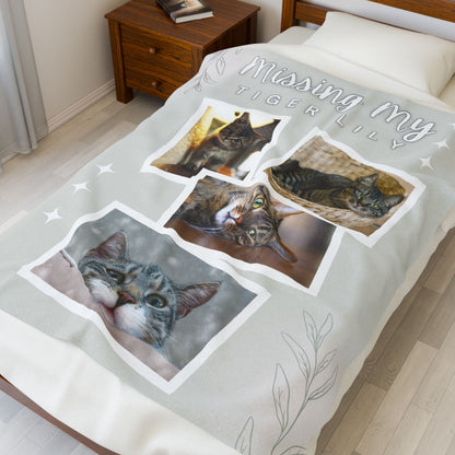 Personalized cat memorial blanket on bed with “Missing My Tiger Lily” and four tabby cat photos, custom fleece tribute for grieving cat owners