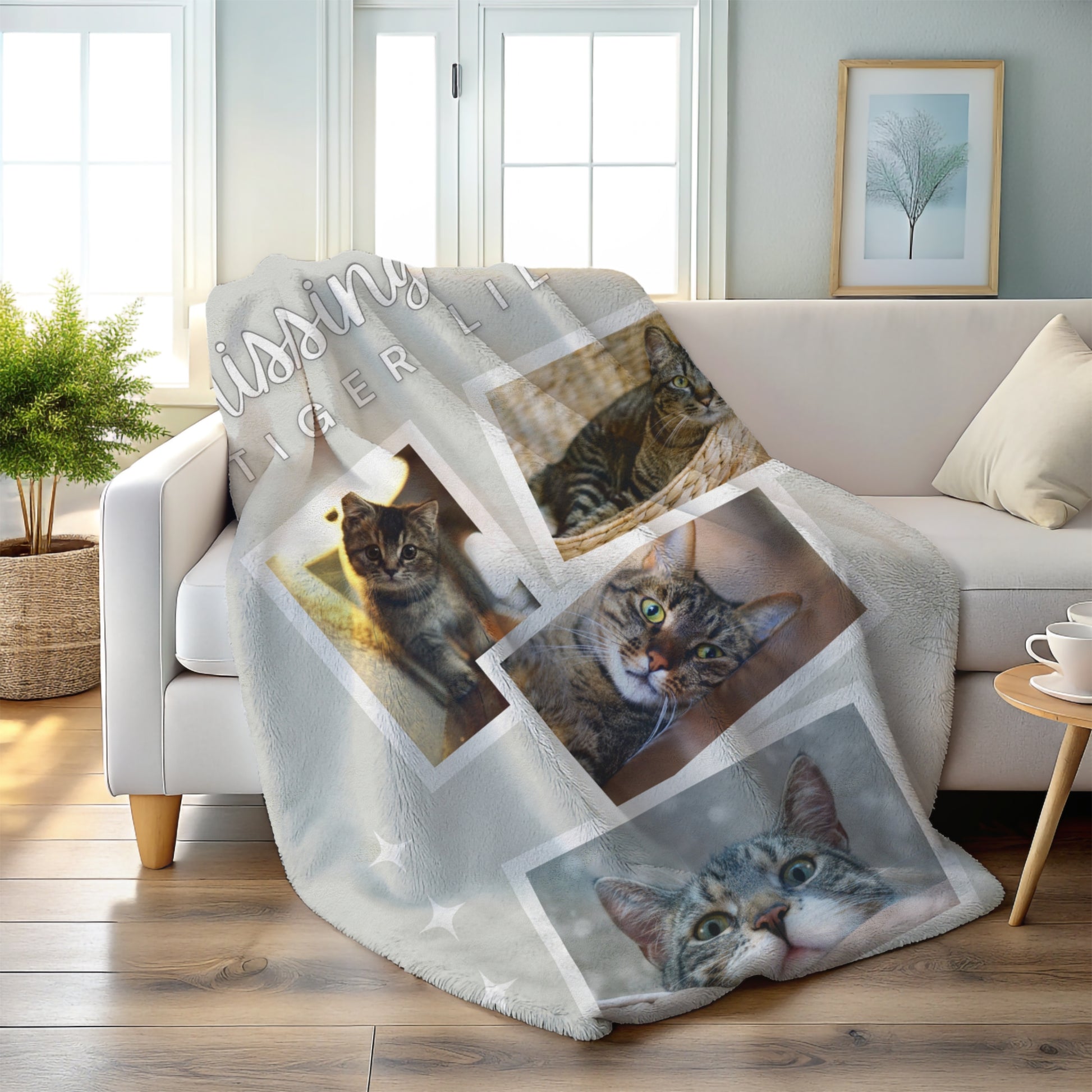 Personalized cat memorial blanket draped on couch with “Missing My Tiger Lily” and four tabby cat photos, soft fleece tribute for grieving pet owners