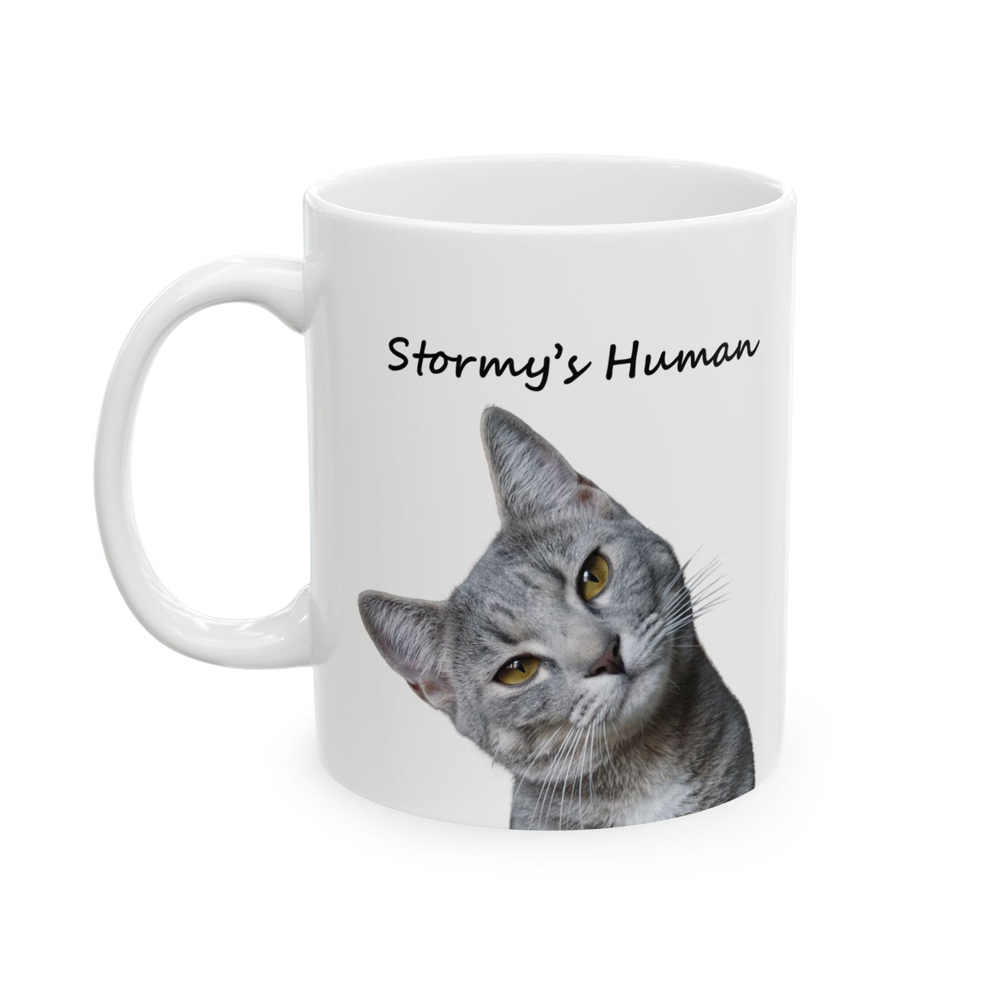 Custom cat mug with photo and Stormy’s Human text, perfect gift for cat moms
