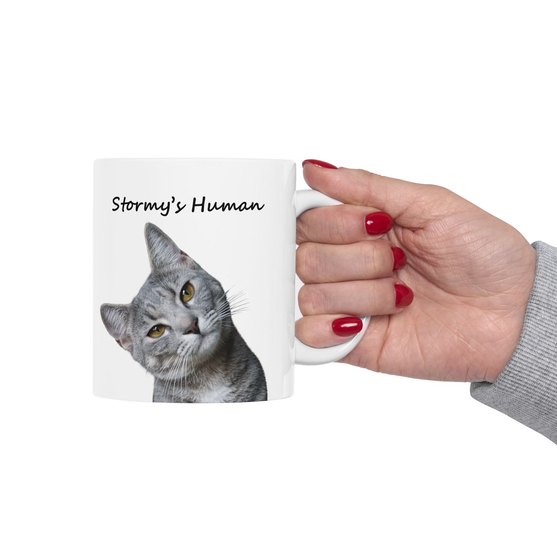 Custom cat mug with photo and Stormy’s Human text, perfect gift for cat moms