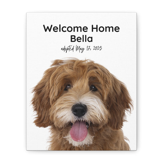 Personalized dog adoption canvas print featuring a happy brown doodle with tongue out and "Welcome Home Bella" text.