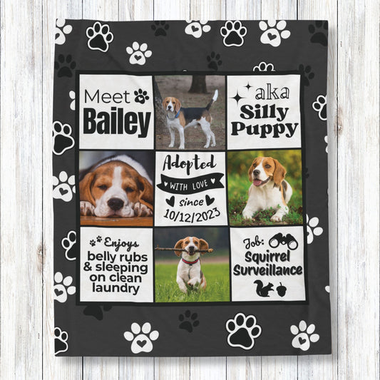 Personalized dog adoption blanket with custom name, nickname, photos, adoption date, and fun phrases — ideal keepsake gift for new pet parents or rescue dog owners