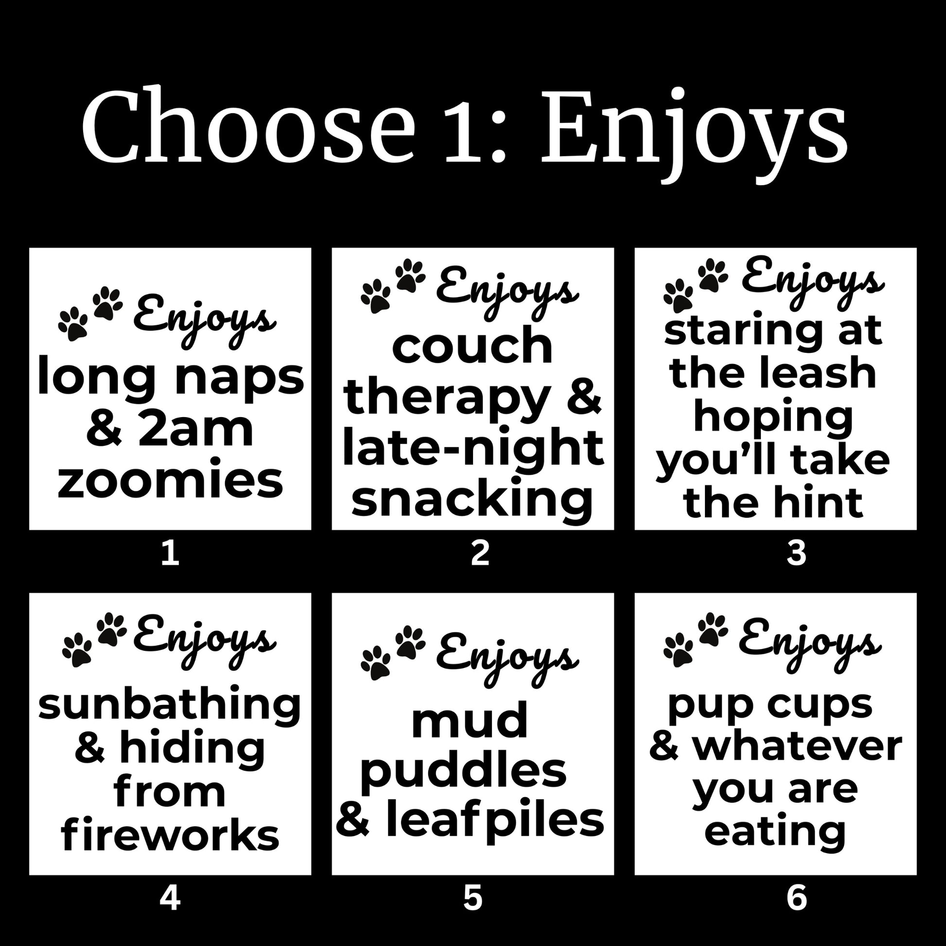 Custom dog blanket personalization options for "Enjoys" phrase, including six funny dog traits like long naps, late-night snacking, pup cups, and zoomies