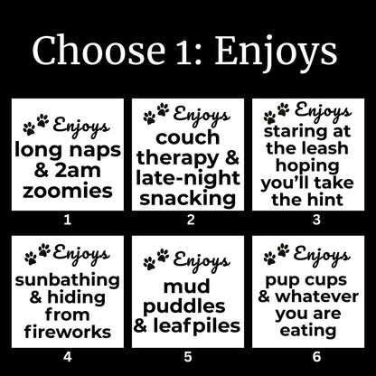 Custom dog blanket personalization options for "Enjoys" phrase, including six funny dog traits like long naps, late-night snacking, pup cups, and zoomies