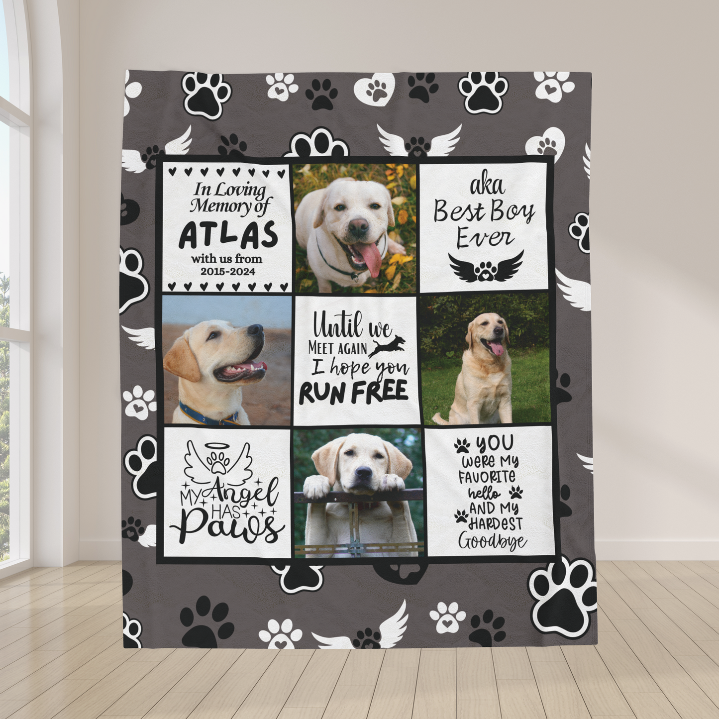 Custom pet memorial blanket featuring dog photos, name, and remembrance quotes displayed in a bright room. Charcoal background with angel wings and paw prints—perfect tribute gift for grieving dog owners.