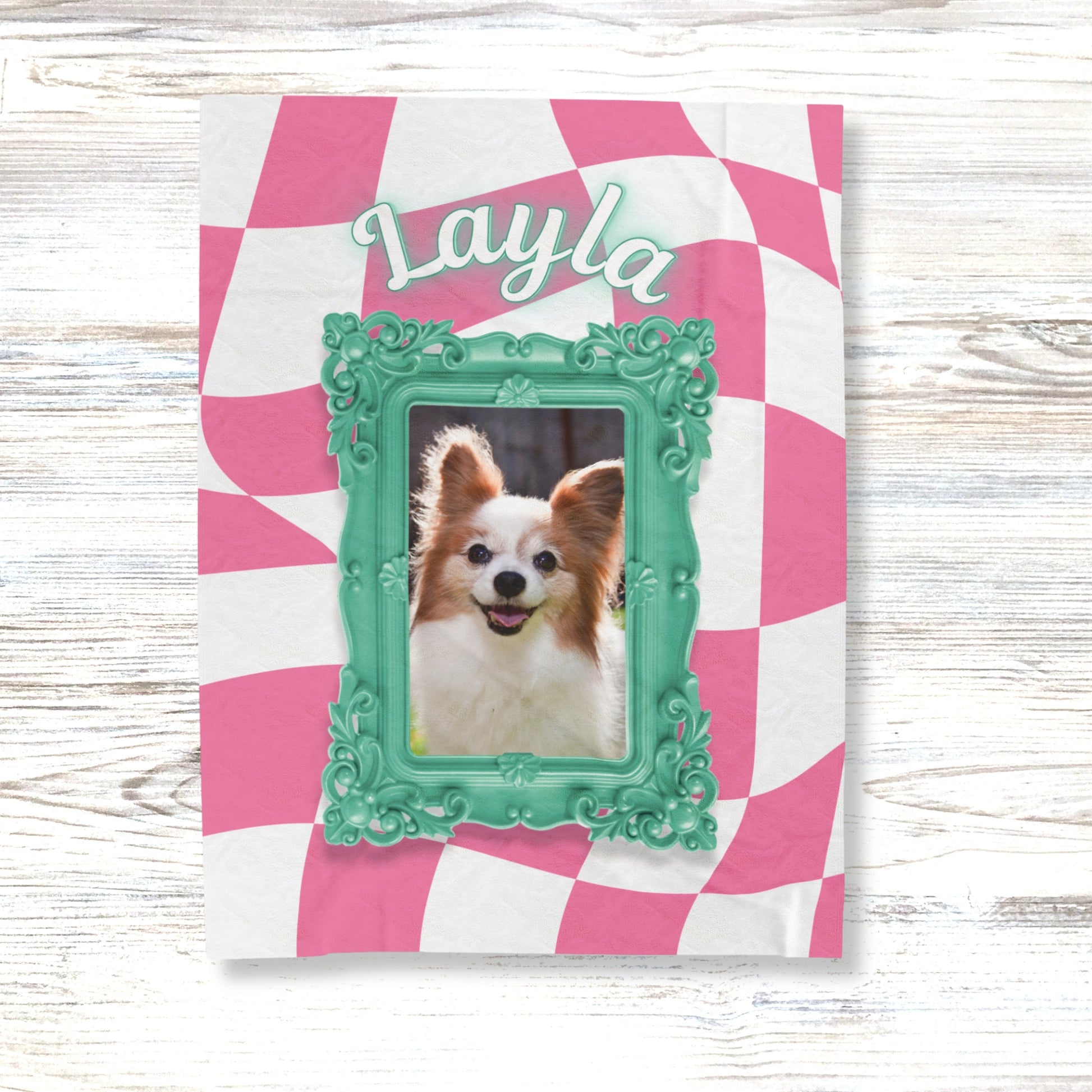 Custom pink checkered dog blanket with name Layla and pet photo in teal frame