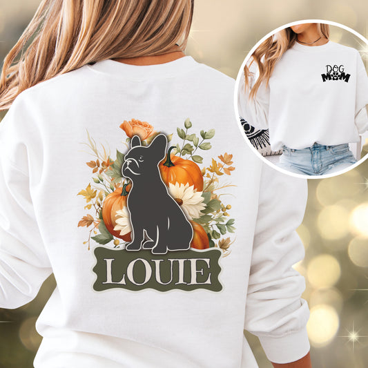 Personalized French Bulldog Dog Mom sweatshirt in white with custom dog name Louie, boutique fall pumpkin design, cozy lifestyle mockup.