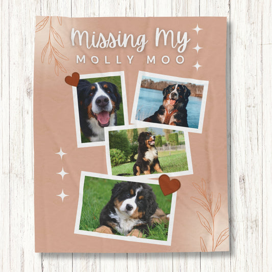 Personalized pet memorial blanket with “Missing My Molly Moo” text and four dog photos on soft peach background, custom tribute gift for pet loss