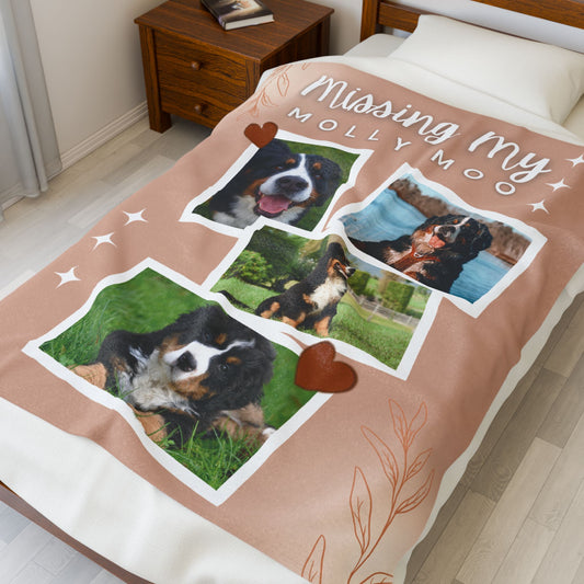 Custom pet memorial blanket with “Missing My Molly Moo” design draped on bed, featuring four dog photos and heart accents, personalized gift for pet loss