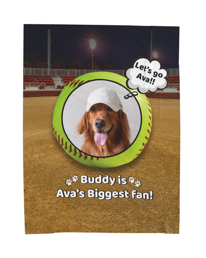 Personalized softball dog blanket with photo of Buddy and the message "Buddy is Ava's Biggest Fan" on a softball field background