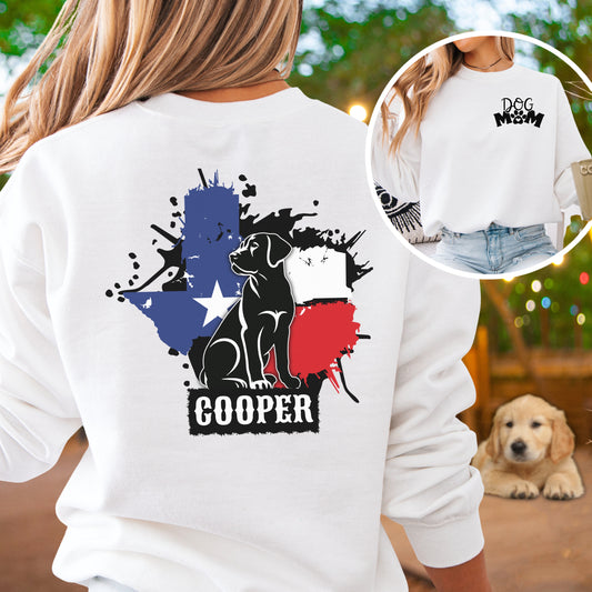 Personalized Texas Labrador Dog Mom sweatshirt in white with custom dog name Cooper, Texas flag design on back, and Dog Mom logo on front.
