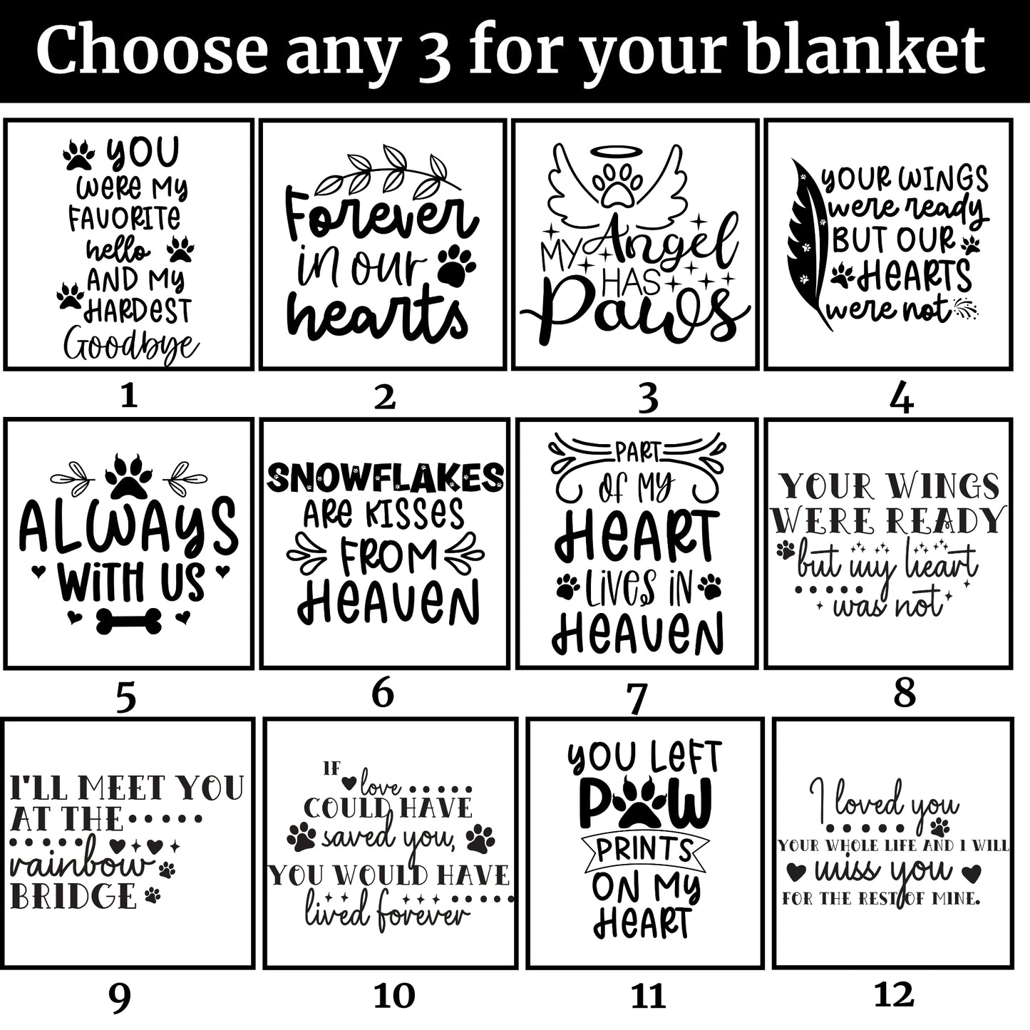 Twelve message block options for custom pet memorial blanket, including sympathy quotes like “Forever in our hearts,” “My angel has paws,” and “You left paw prints on my heart” — choose any 3 for your design