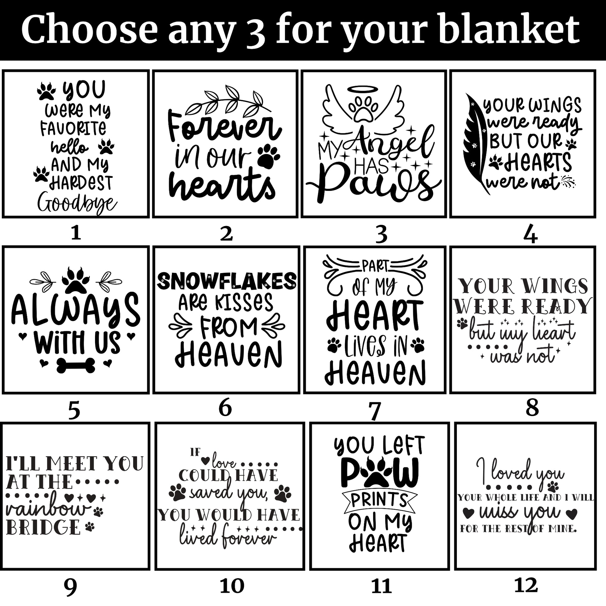 Twelve message block options for custom pet memorial blanket, including sympathy quotes like “Forever in our hearts,” “My angel has paws,” and “You left paw prints on my heart” — choose any 3 for your design