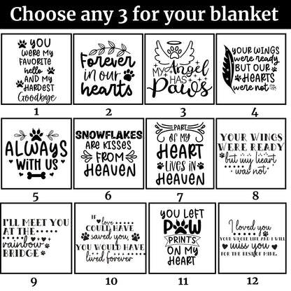 Twelve message block options for custom pet memorial blanket, including sympathy quotes like “Forever in our hearts,” “My angel has paws,” and “You left paw prints on my heart” — choose any 3 for your design