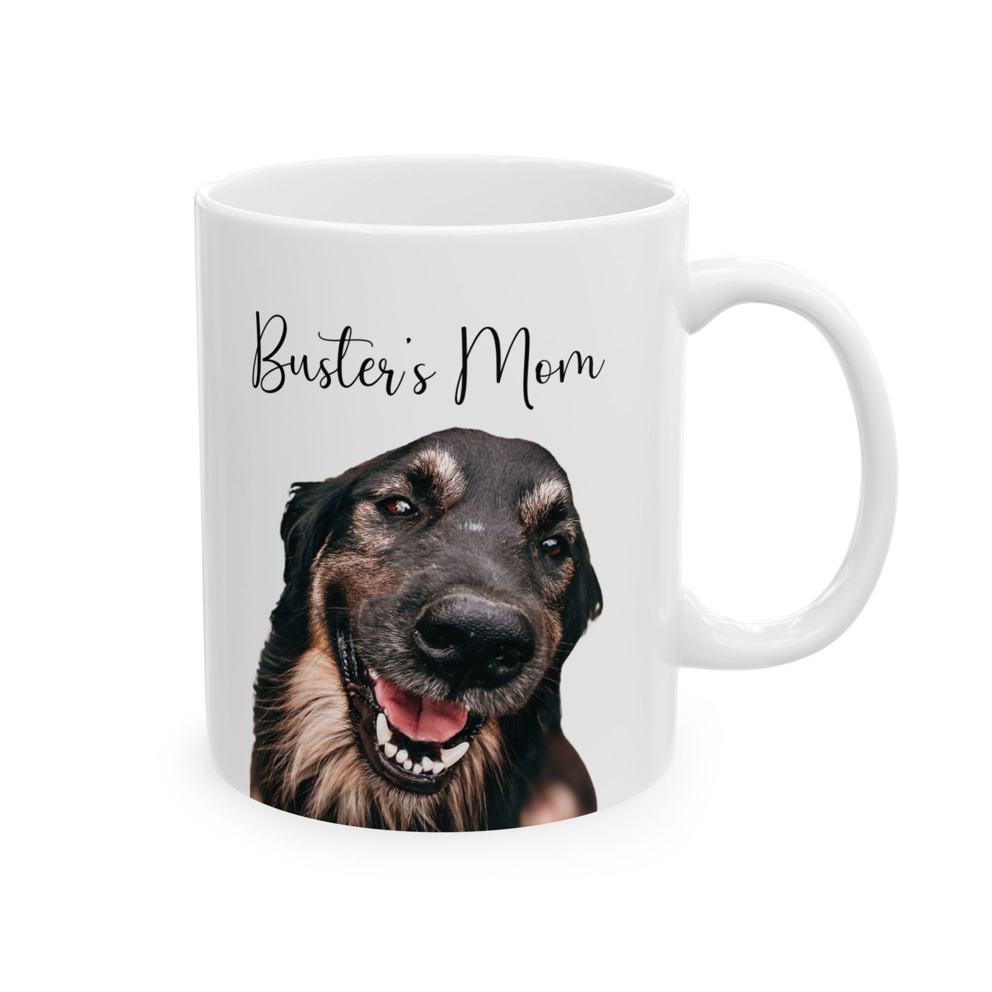 Gift mug for pet owner with personalized dog face and name, 11 oz.