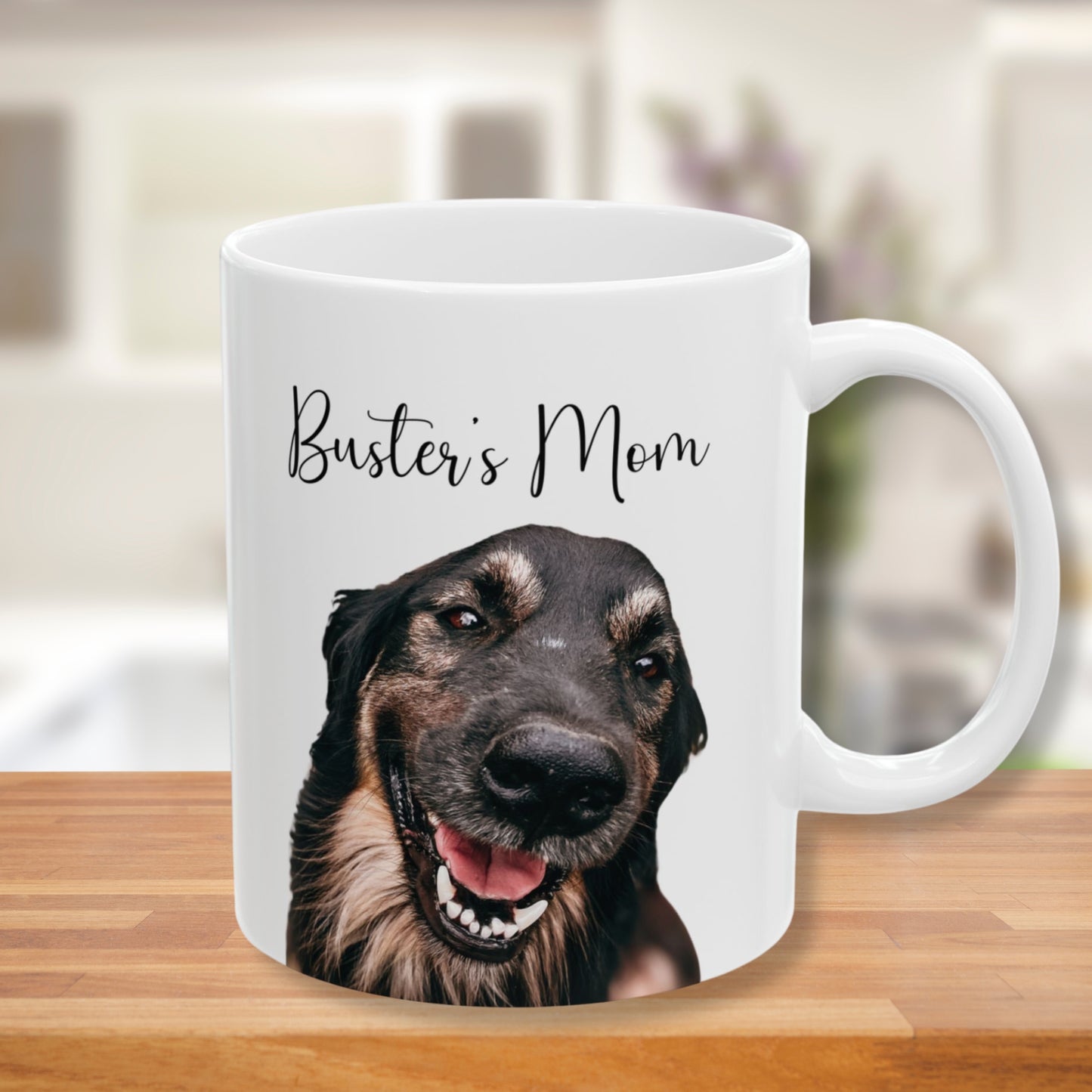 Gift mug for pet owner with personalized dog face and name, 11 oz