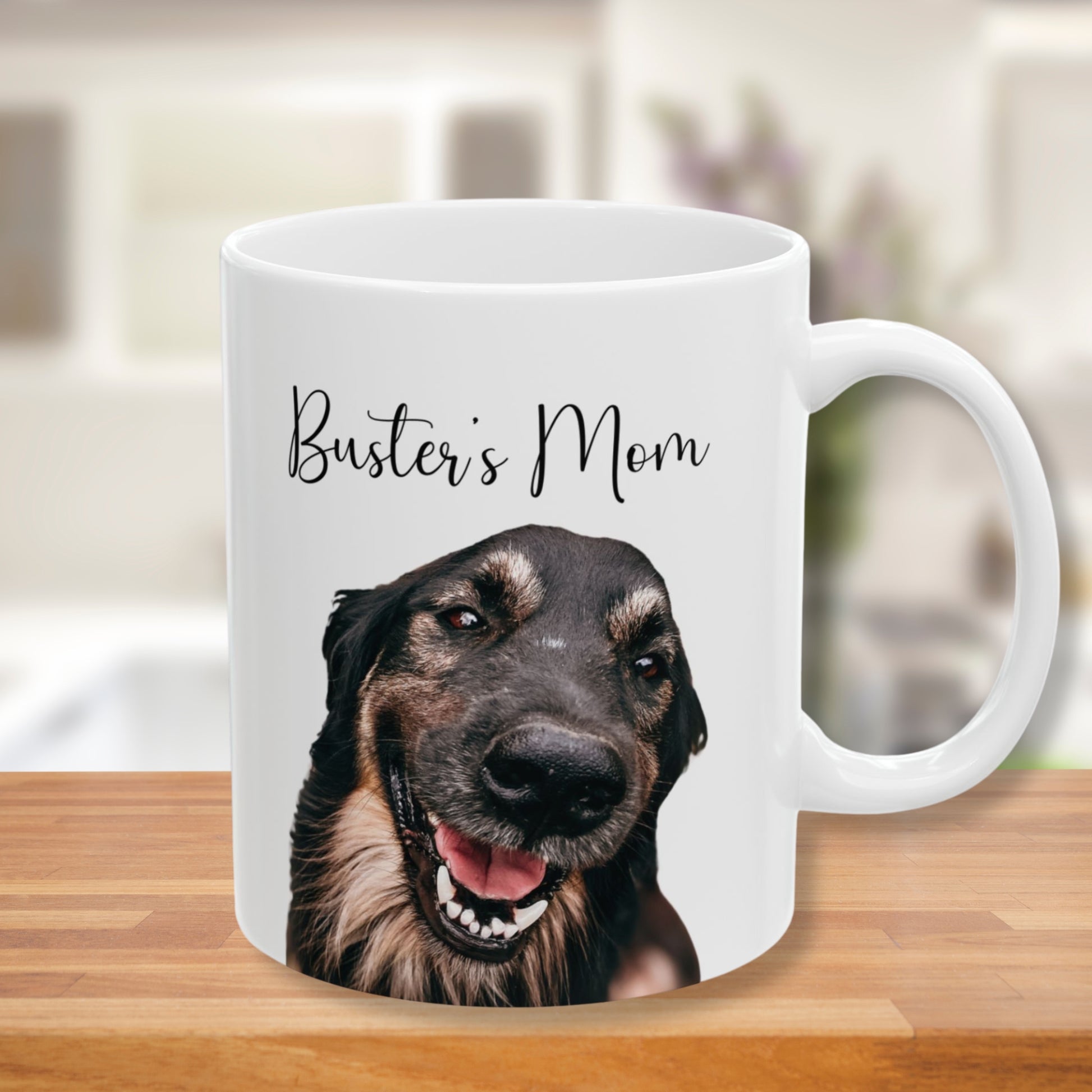 Gift mug for pet owner with personalized dog face and name, 11 oz