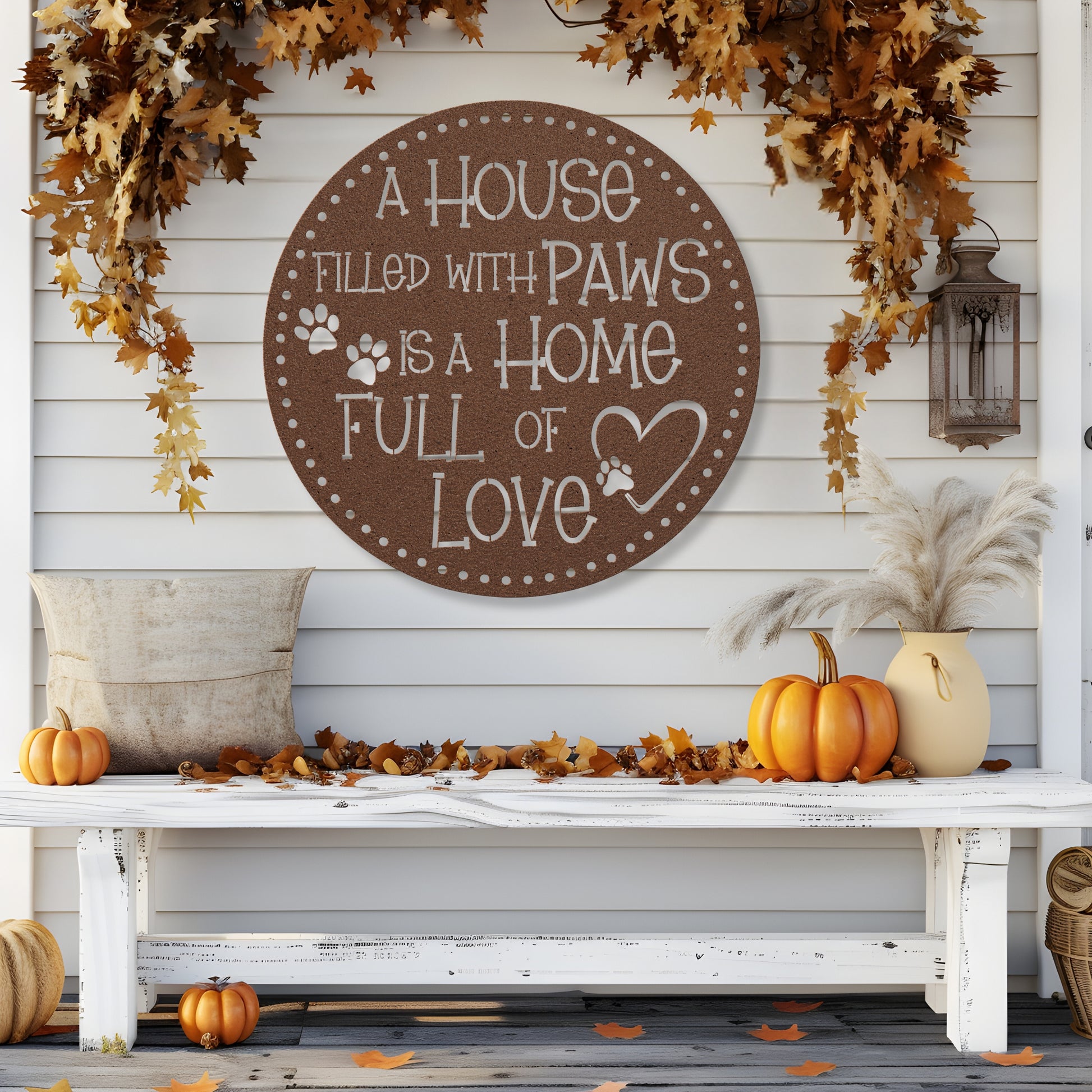 A House Filled with Paws is a Home Full of Love’ metal sign, durable 18-gauge steel wall decor for pet lovers, suitable for indoor or outdoor display. Shown in Copper.